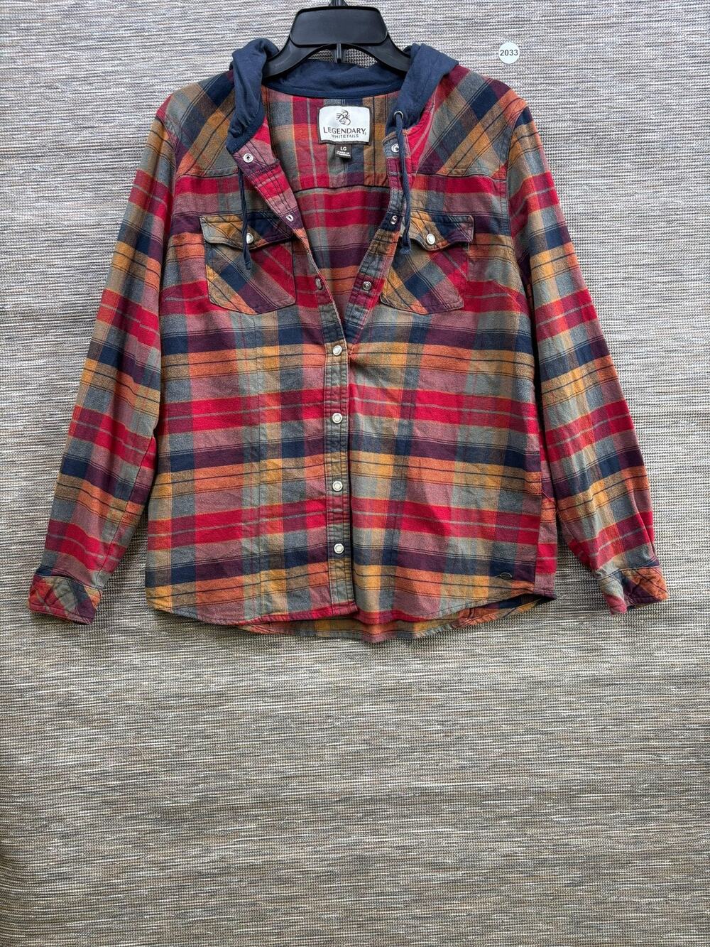 Legendary Whitetails Shirt Mens L Red Plaid Hooded Snap Front Long Sleeve